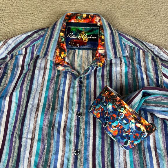 Robert Graham Shirt Mens Large Blue Stripe Button Flip Cuff Classic Fit Cotton - Picture 3 of 11